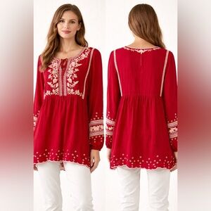 Johnny Was Red Embroidered Boho Peasant Tunic Top size medium